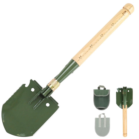 Folding Survival Shovel With Wooden Handle Heavy Duty Carbon Steel Entrenching Tool For Camping Off Road Beach And All Terrain Digging Classic Model With Pick Lightweight And Durable Yet Rugged Built To Last Tough As Nails shown with carrying case