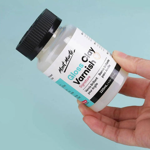 Hand holding Glossy Clear Clay Sealant For Air And Polymer Clay Water Based Varnish Sealer 4.05oz 120ml with screw cap in view.