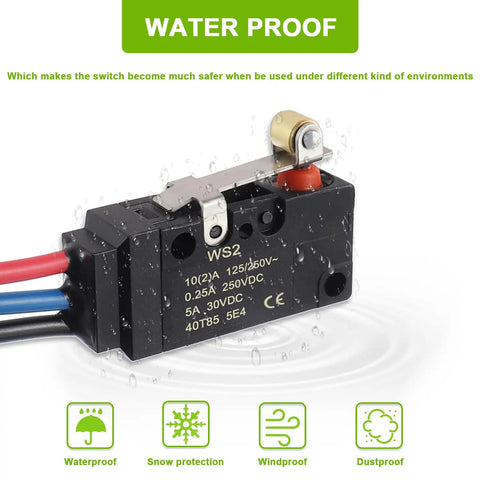 Three Line 10A 250VAC Micro Limit Switch SPDT Waterproof with roller lever showing water protection, prewired for outdoor use