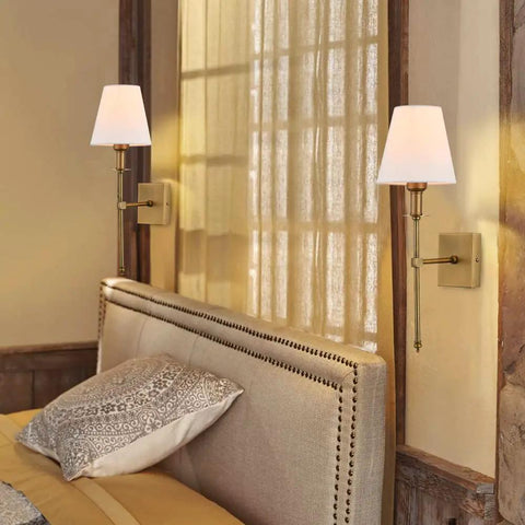Two Pack Brushed Brass Wall Sconces With Fabric Shade, hardwired vanity lighting in a bedroom with gold finish and mounting hardware