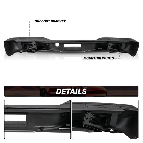 Chrome rear step bumper assembly, front view, with mounting points for 1999–2006 Chevy Silverado/GMC Sierra.