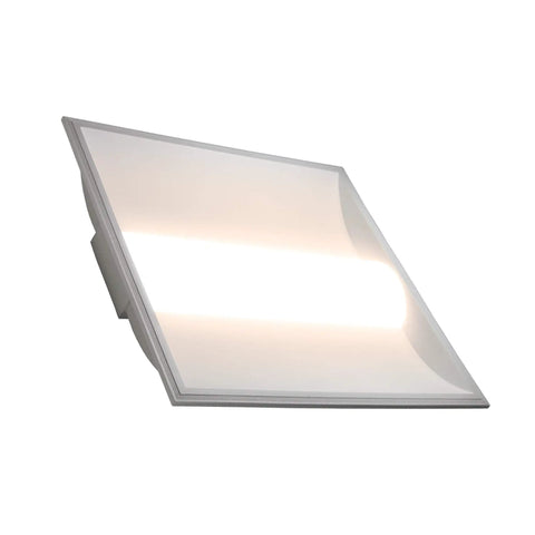 2x2 LED Center Basket Troffer Panel 2 Pack 28W 3500K Warm White Bright as Day 3640 Lumens angled view showing illumination.
