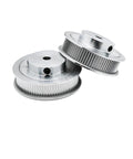 90 Tooth HTD Timing Pulley In Heavy Duty Aluminum Alloy With Precision Gears for slip-free belt drive, showcasing two aluminum sync wheels.