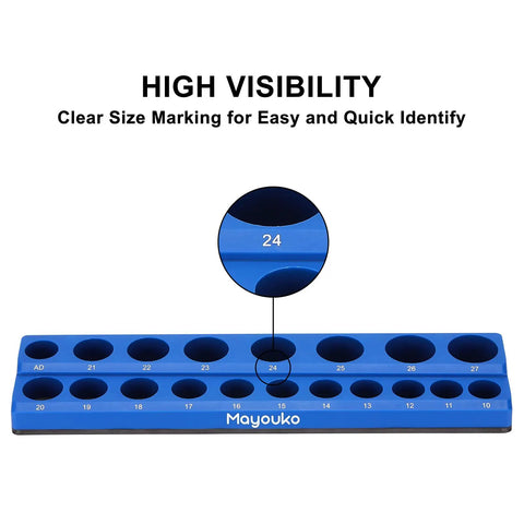 SAE And Metric Magnetic Socket Organizer Set For 1/4 3/8 And 1/2 Inch Drives with clear size markings in blue