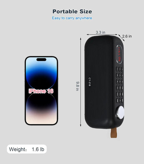 Dimensions of Bluetooth Speaker With FM Radio And 5 In 1 Music Player alongside iPhone for size comparison