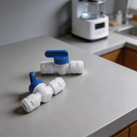 5 Pack 3 8 Inch Push In Ball Valve Quick Connect Plumbing Fitting Leak Proof Polypropylene on countertop.
