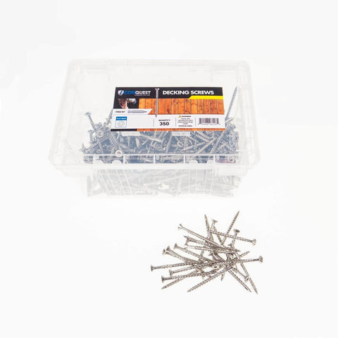 Container of 316 Stainless Marine Grade Trim Head Deck Screws No 8 Two And A Half Inch, 350 Pack For Decks Docks Jetties Fences And Walkways