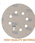 Huge 150 Pack Of 5 Inch Hook And Loop Sanding Discs With 40 To 800 Grit Range Made From Durable Aluminum Oxide, P60 grit disc shown.