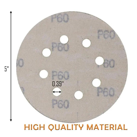 Huge 150 Pack Of 5 Inch Hook And Loop Sanding Discs With 40 To 800 Grit Range Made From Durable Aluminum Oxide, P60 grit disc shown.