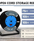 Heavy Duty Extension Cord Reel With 4 Grounded Outlets Open Cord Roller For 12/3 14/3 16/3 Power Cords Portable Hand Crank