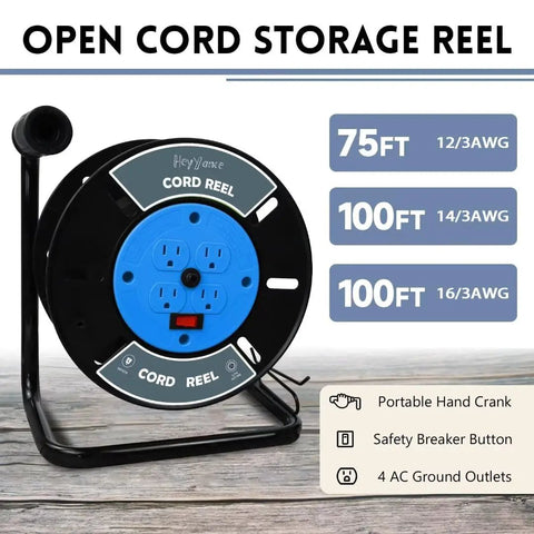 Heavy Duty Extension Cord Reel With 4 Grounded Outlets Open Cord Roller For 12/3 14/3 16/3 Power Cords Portable Hand Crank