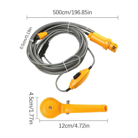 Portable Camping Shower Kit With 12V Pump Steady Water Flow ABS Body Outdoor Handheld Shower for hiking adventures.