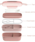 Exploded view of Three Stackable Bento Lunch Box Set With Leak Proof BPA Free Containers Includes Lunch Bag And Built In Utensils Dishwasher Safe Lid Excluded Great For Meal Prep Grab And Go Ready Adults And Kids Pink, showing components.