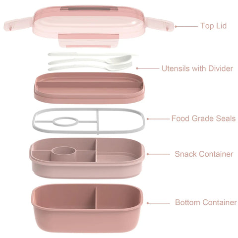 Exploded view of Three Stackable Bento Lunch Box Set With Leak Proof BPA Free Containers Includes Lunch Bag And Built In Utensils Dishwasher Safe Lid Excluded Great For Meal Prep Grab And Go Ready Adults And Kids Pink, showing components.