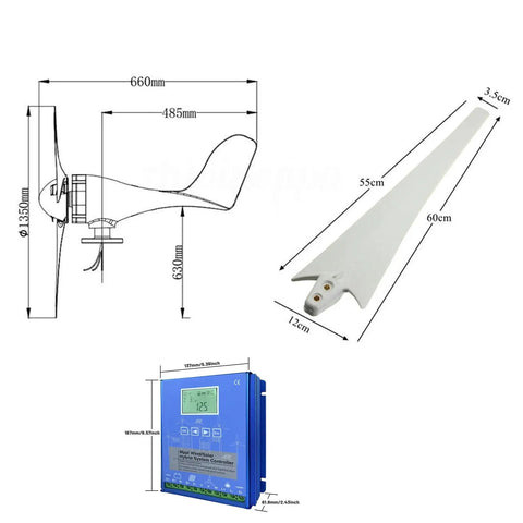 Dimensions and components of the 3000W Wind Turbine Generator For 12V 24V 48V Systems With MPPT Controller
