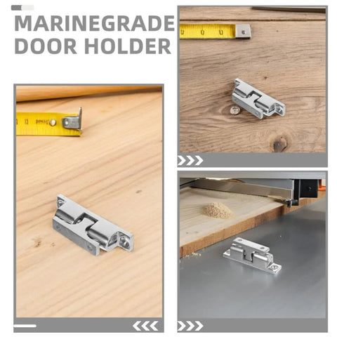 Upgrade Your Yacht With 4pc Stainless Steel Boat Door Catches Windproof Holders For Cabin Doors That Stop Noise And Slams Securely On Any Marine Vessel, showcasing marine-grade door holder on wood surface.