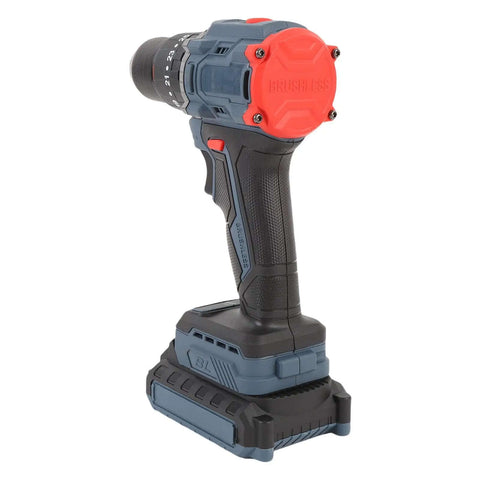 Knockout Cordless Drill And Electric Screwdriver Set With Brushless Motor, black and red design, ergonomic grip for home repairs.
