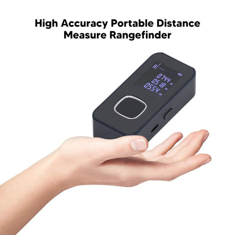 Handheld Laser Distance Meter With Aluminum Alloy Build, Dual Light Sensing Apertures, And Aspheric Focusing Mirror being held in a hand.