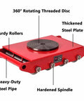 Industrial Moving Skates 4 Pack Roll Right Along With Pu Wheel Dollies Built Tough For Massive Loads Featuring Non Slip 360 Rotate Plate showing sturdy red base with steel components and rotating disc.
