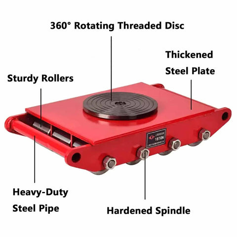 Industrial Moving Skates 4 Pack Roll Right Along With Pu Wheel Dollies Built Tough For Massive Loads Featuring Non Slip 360 Rotate Plate showing sturdy red base with steel components and rotating disc.