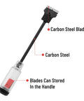 Long Reach Extension Scraper with 11 Inch Handle and double edged blades shown with blade storage in handle