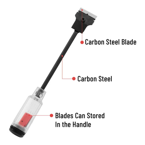 Long Reach Extension Scraper with 11 Inch Handle and double edged blades shown with blade storage in handle