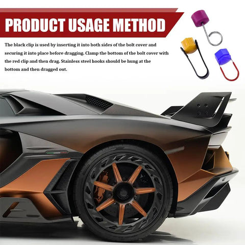 Three Piece No Sweat Wheel Hub Bolt Cover Removal Tool Set Killer Lug Nut Extractor Hooks shown on vehicle wheel and tire.