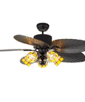 Top Shelf Retro European Ceiling Fan With Remote Control And Striking Stained Glass Shade On A Rock Solid Base Featuring Five Eco Friendly Blades And A Flip Style Reversible Motor To Keep The Good Vibes Rolling In Bedrooms Or Living Rooms At 52 Inches, showcasing yellow stained glass and metal blades.