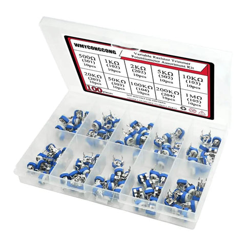 100 Piece 6mm Trimmer Potentiometer Assortment Kit With 500 Ohm To 1 Megaohm Range Top Adjustment 3 Terminal Variable Resistors