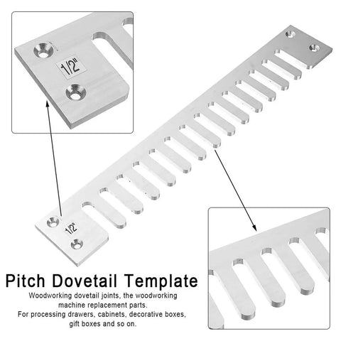 Pro Grade Through Dovetail And Box Joint Router Template Kit with 1/2 inch pitch detail showing aluminum construction for precise woodworking.