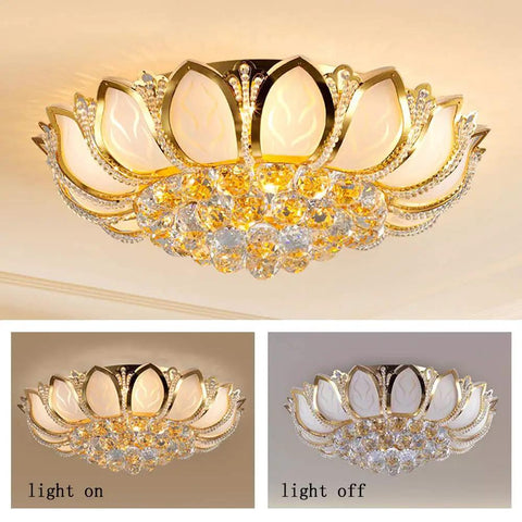 Dimmable Crystal Chandelier With Controller 23.5 Inch LED Ceiling Lamp, gold lotus shape, light on and off views.