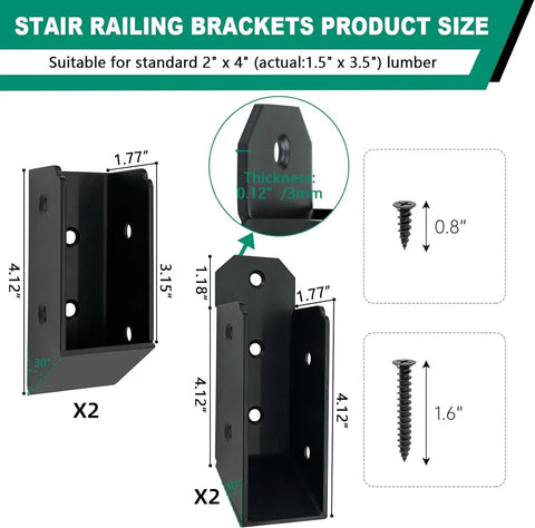 30 Degree Deck Railing Brackets Set Of 2 U Shaped Concealed Connectors For 2x4 Wood Posts Actual 1.5x3.5 Inches with screws