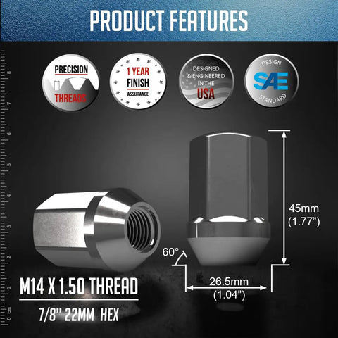 Product features of 24 Pc OEM Style M14x1.5 Lug Nuts Set, 1.77 Inches Long Dope Chrome Finish, 7/8 Inch Hex, graphics and dimensions.