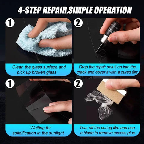 Windshield Repair Kit For Chips And Cracks, Fast 20 Minute Fix With Nano Fluid Filler, showing repair steps and tools