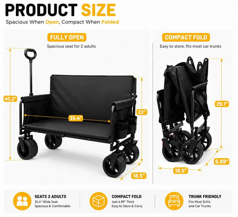 Heavy Duty Folding Wagon Cart With Wheels 560Lbs Load 240L Capacity, open and folded views with size measurements.