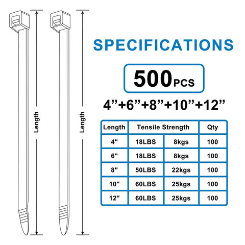 Assorted Black Zip Ties Kit With Five Sizes 4, 6, 8, 10, 12 Inches, 100 Pieces Each Size, 500 Pack specification chart