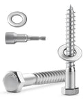Six Pack 3/8 Inch By 4 Inch Hex Head Lag Screws With Flat Washers And Hex Bit 304 Stainless Steel Heavy Duty Wood Bolts for Deck Building, showing screws, washers, and hex bit.