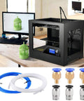 PTFE tubing kit for 3D printer: blue and white tubing coils with six push-fit fittings on a desk beside a black 3D printer.