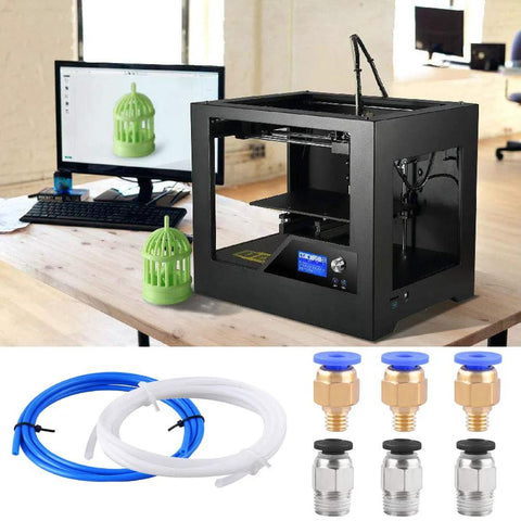 PTFE tubing kit for 3D printer: blue and white tubing coils with six push-fit fittings on a desk beside a black 3D printer.
