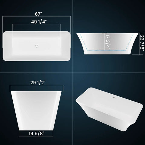 67 Inch Freestanding Acrylic Bathtub Sets Main Room Vibes With Double Walled Insulation And Ergonomic Deep Contour, top and side views.