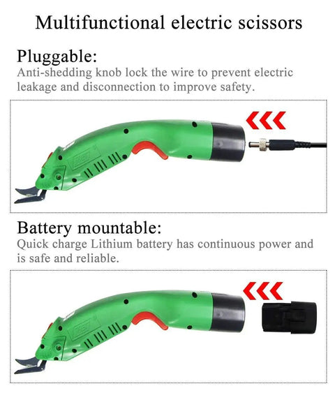 Cordless Electric Scissors For Fabric, Carpet, Sponge And Paperboard, Handy Dual Blade shown in plugged and battery modes