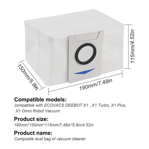 10 Pack Replacement Vacuum Filter Bags For X1 Series Robots And T10 T20 Models Deep Filtration High Quality Material Broad Compatibility With X1 Omni Turbo X1 Plus Cleaners Easy Fit Dust Bags No Fuss Cleanup shown with dimensions