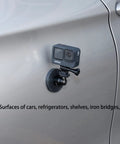Super Dope Magnetic Camera Mount Snaps On Tight For GoPro Hero Insta360 And DJI Action Cameras Featuring Versatile Quarter Inch Thread Adapter Plate attached to a car door.