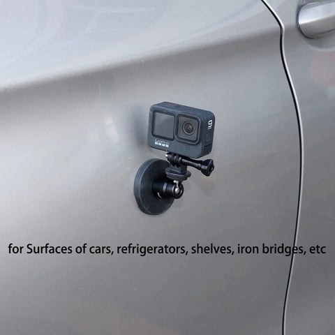 Super Dope Magnetic Camera Mount Snaps On Tight For GoPro Hero Insta360 And DJI Action Cameras Featuring Versatile Quarter Inch Thread Adapter Plate attached to a car door.