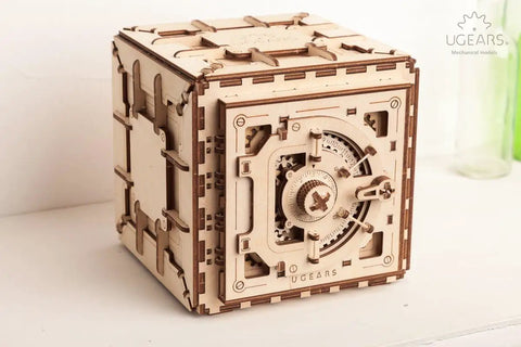 Wooden Safe Puzzle Box With 3 Digit Combination Lock, DIY Mechanical 3D Puzzle Kit For Adults, No Glue, Real Lock Mechanics, 179 Laser Cut Parts, Display Ready Finish Mind Bending Brain Teaser, 196 x 176 x 185 mm wooden box front view