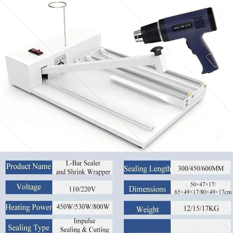 Heavy Duty Shrink Wrap Machine Sealer For POF And PVC Film With Heat Gun And 9 Temp Levels on white background.