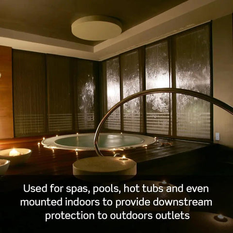 Blank Face GFCI 20 Amp Self Test With LED Indicator Light Provides GFCI Protection Where An Outlet Is Not Needed Behind Hot Tubs Or Spas White GFRBF-W in spa environment