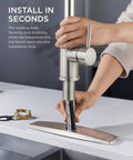 Installing Badass Brushed Nickel Kitchen Faucet With Pull Down Sprayer and Dual Spray Patterns in seconds with durable hoses.