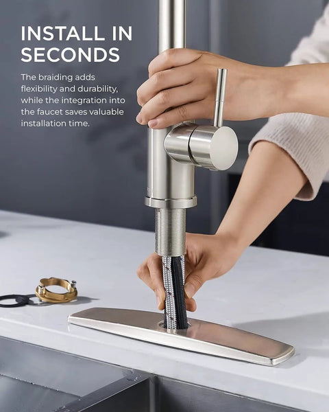 Installing Badass Brushed Nickel Kitchen Faucet With Pull Down Sprayer and Dual Spray Patterns in seconds with durable hoses.