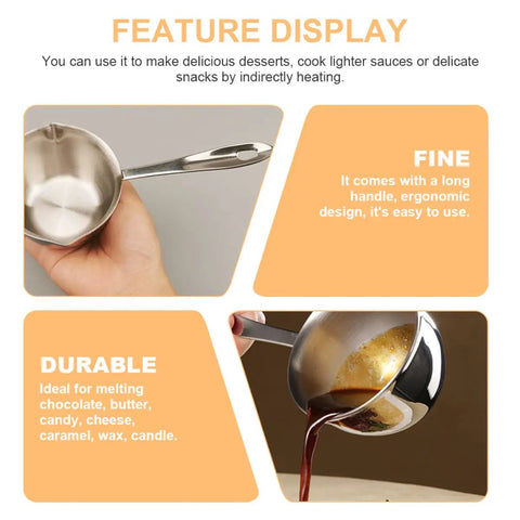 Slick Melting Pot With Pour Spout For Hot Coffee Chocolate And Soups Fire Kitchen Warmer Bowl solid metallic design for easy pouring.